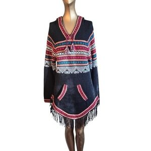 Ecologic Arts Alpaca Wool Hoodie Poncho Women Size L Grunge Bohemian Boho Aztec